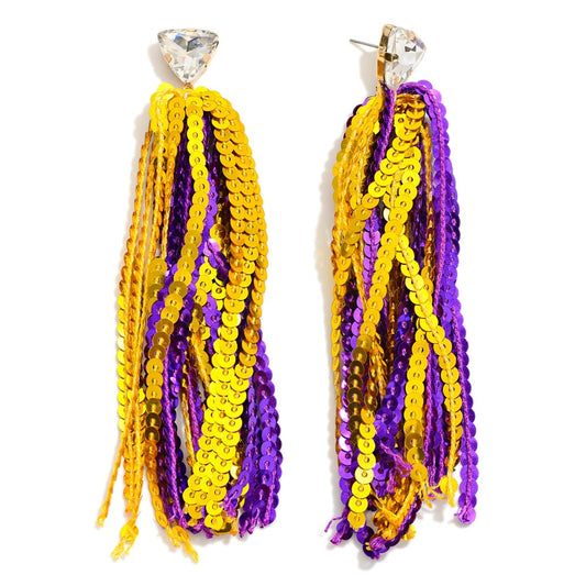 sequin purple and gold earrings