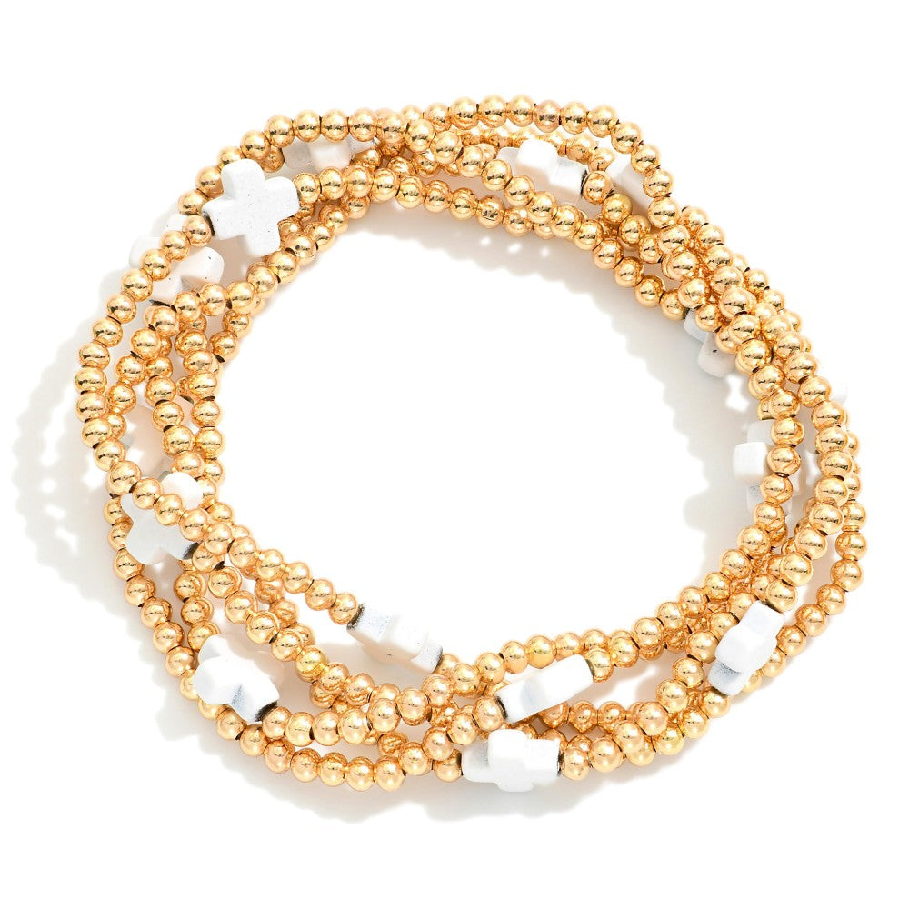 Gold and White Cross Bracelet Set