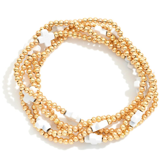 Gold and White Cross Bracelet Set