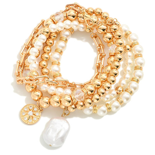 Pearl and Gold Beaded Bracelet Set