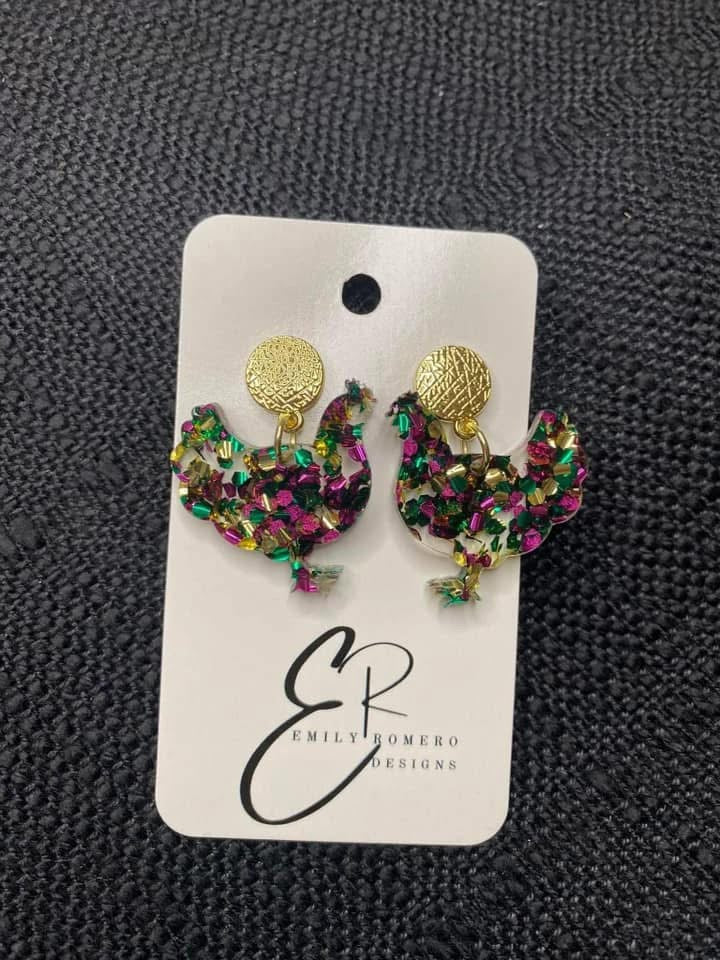 Mardi Gras Custom Chicken Earrings