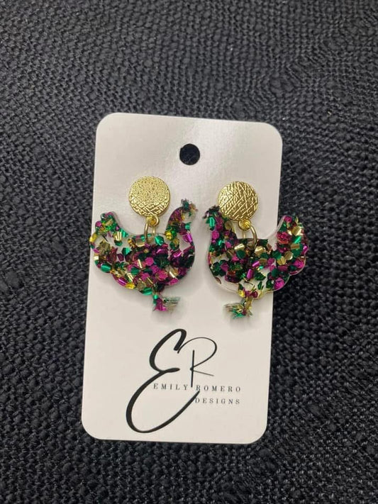 Mardi Gras Custom Chicken Earrings